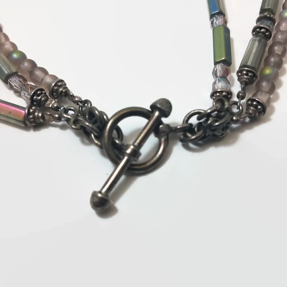 Gray Iris Tube & Round Bead Multi-Strand Necklace With Silver Tone Bead Caps